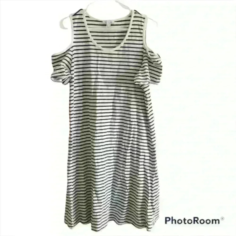 Denim & Company navy & white striped tank top dress w/ off the shoulder sz large
